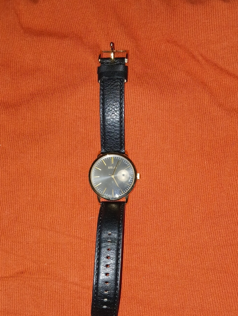 Relic Black Leather Strap Gold-Tone Dial Men’s Watch